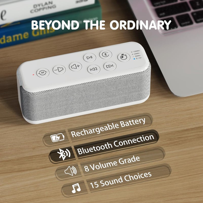 OnLyee White Noise Sound Machine with Bluetooth Speaker, 15 Soothing Sounds, Office Privacy & Noise Canceling, 3000mAh Rechargeable Battery, Auto-Off Timer & 8-Level Volume– Ideal for Baby - Image 3